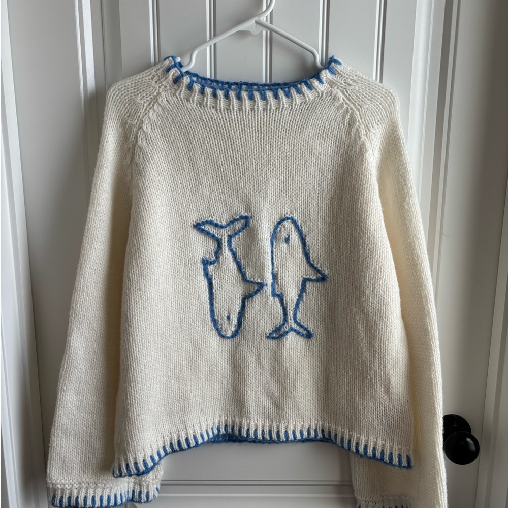 Blue and White Sweater with Fish Design